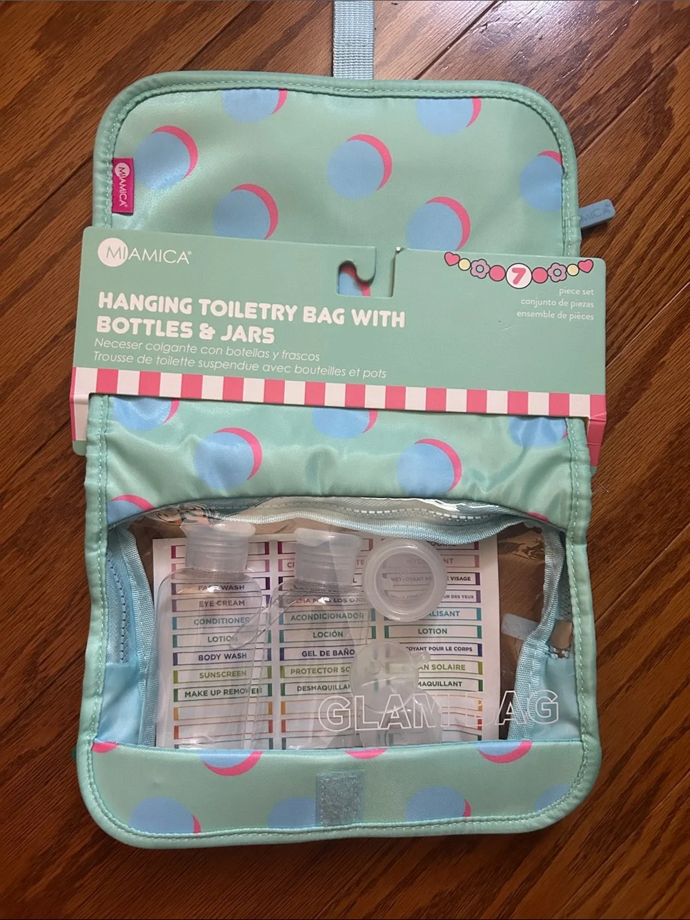 Miamica Aqua & Pink Travel Hanging Toiletry Bag with Reusable Bottles